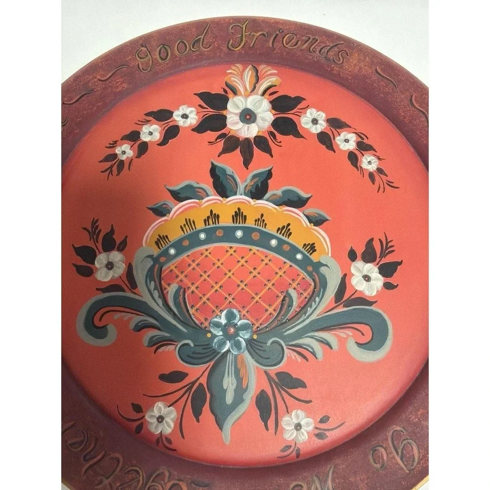 Vintage Hand-Painted Rosemaling Wooden Plate - Good Food, Good Wine, Good Friend